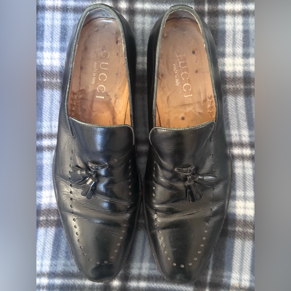 VTG Gucci Tassel Perforated Black Leather Men’s Slip On Dress Loafers Size 45 E main image 7